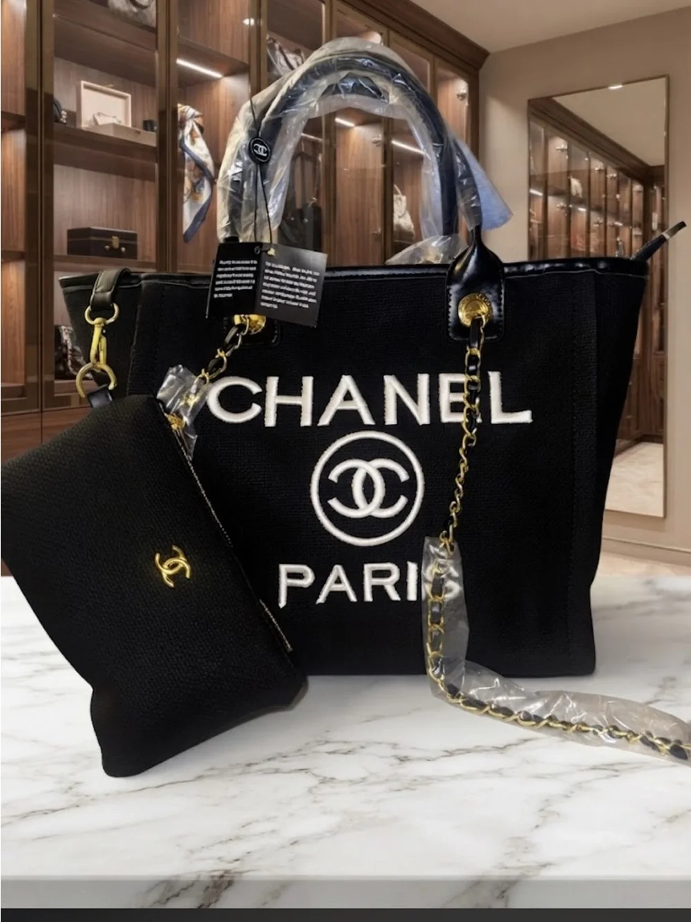 Brand New!!  Black Canvas Tote with Gold Chain Accents and Removable Pouch👇